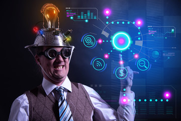 Funny nerd or geek with digital HUD elements