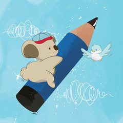 Cute Koala Fly With Pencil