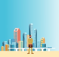 Businessman  staying on the street and skyline skyscrapers background.  urban city, skyline and downtown, vector illustration