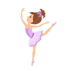 Dancing girl Young ballerina in violet isolated on white background. Vector illustration of a child in motion in cartoon flat simple style.