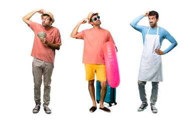 Group of man with bills, chef and Man with hat and sunglasses on his summer vacation having doubts and with confuse face expression while scratching head