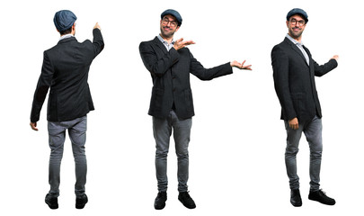 Set of Handsome modern man with beret and glasses presenting and inviting to come