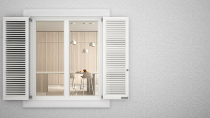 Exterior plaster wall with white window with shutters, showing interior modern kitchen, blank background with copy space, architecture design concept idea, mockup template