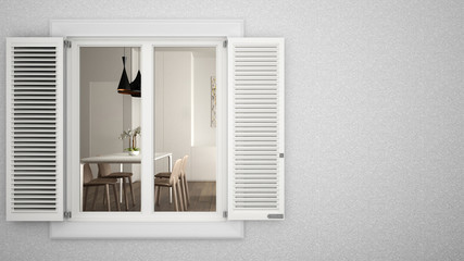 Exterior plaster wall with white window with shutters, showing interior living room, blank background with copy space, architecture design concept idea, mockup template
