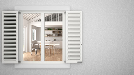 Exterior plaster wall with white window with shutters, showing interior modern kitchen, blank background with copy space, architecture design concept idea, mockup template