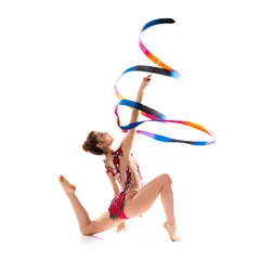 Foto op Plexiglas Girl doing rhythmic gymnastics with ribbon . © luismolinero