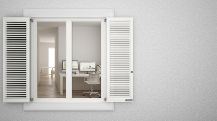 Exterior plaster wall with white window with shutters, showing interior living room, blank background with copy space, architecture design concept idea, mockup template