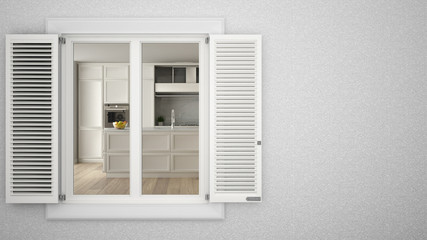Exterior plaster wall with white window with shutters, showing interior modern kitchen, blank background with copy space, architecture design concept idea, mockup template