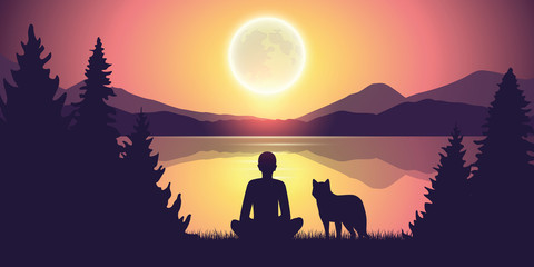 Fototapeta na wymiar person and wolf are looking at the full moon in nature by the lake vector illustration EPS10