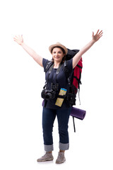 Aged female tourist isolated on white 