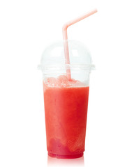 Cold Watermelon Smoothie in plastic cup with straws isolated on white background. Summer drink. ( Clipping path )