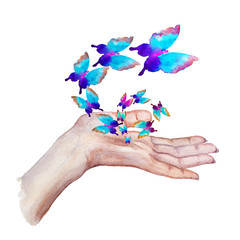 flying butterfly on hand concept background