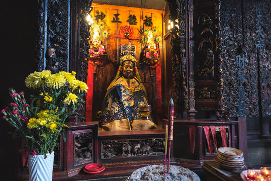 Ho Chi Minh City, Vietnam: one of the altars of ancient Thien Hau Pagoda, an ancient Chinese temple in Cholon, Saigon's Chinatown. Thien Hau is the most popular Cholon temple among travelers.