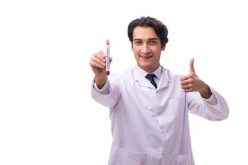 Young chemist isolated on white background 