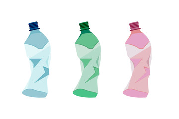 Crumpled plastic bottles pink green blue vector isolated on white background 