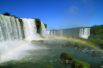 Spectacular View of Rainbow over the Powerful Brazillian Side Iguazu Falls, Foz do Iguacu, Brazil, South America