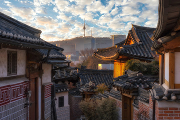 Sunrise of Bukchon Hanok Village And Seoul tower in Seoul, South Korea.