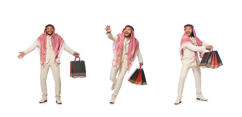 Arab man with shopping bags on white