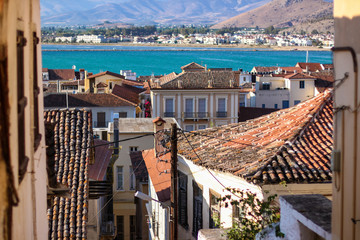 Top view of tiled roofs of Nafplio city, Peloponnese, Greece 