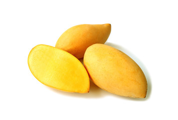 Naklejka na ściany i meble Fresh Ripe Mango Whole Fruits with Cut in Half Isolated on White Background