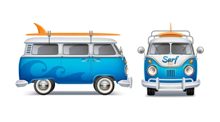 Foto op Plexiglas Realistic retro bus with surfboard. Summertime poster with vintage van, beach party poster vector design. Blue 3d vehicle for travel and surfing. Classic wagon car for summer holiday © belokrylowa
