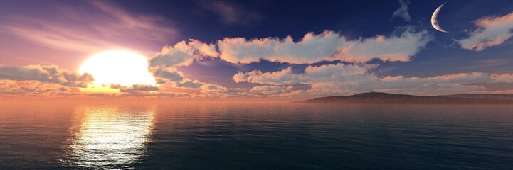 Naklejka na ściany i meble Panorama of the ocean sunset, sunrise at sea, light above the water, 3D rendering