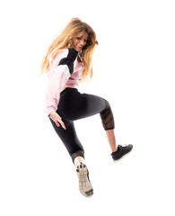 Fototapeta premium Urban Ballerina dancing over isolated white background and jumping