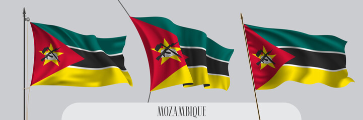 Set of Mozambique waving flag on isolated background vector illustration