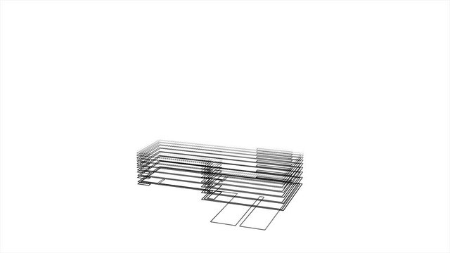 Abstract 3D animation of residential building design. Animation. Projection of modern multi-storey building at initial stage of project in graphic design on white background