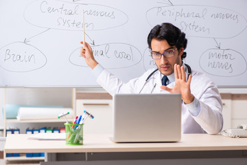 Young male doctor neurologist in front of whiteboard 