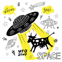 Funny ufo abduction cow space stars spaceship for cover, textile, t shirt. Cute cool sketch style fashion sport lettering doodles message. Hand drawn vector illustration © Iraida Bearlala
