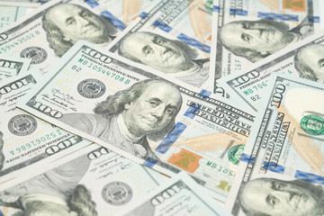 close up US one hundred dollars bills money, business and financial concept