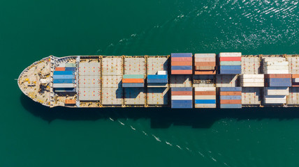Cargo container in factory harbor at industrial estate for import export around in the world, Trade Port / Shipping - cargo to harbor. Aerial view of sea freight, Cargo ship,