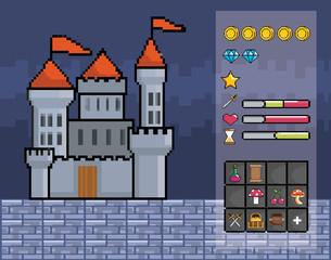 Arcade game world and pixel scene design  vector illustration