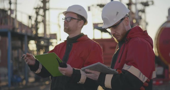 Oil field engineer gives instructions with walkie-talkie while second engineer examining working papers