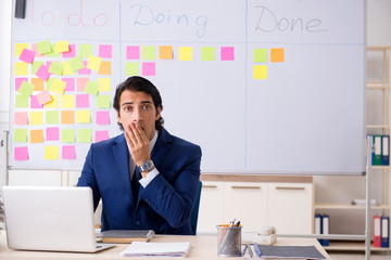 Young handsome employee in front of whiteboard with to-do list  