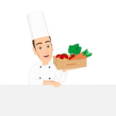 head chef holding wooden crate of vegetables