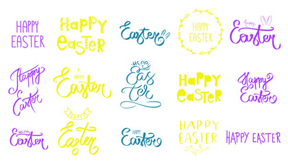 Sketch Happy Easter day card. Colorful Big Set easter icon, frames. Elegant holiday sign logo isolated white background. Vector illustration in violet, green, yellow, purple colors. 