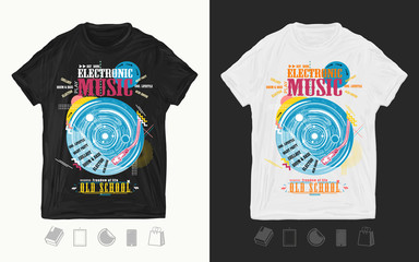 Electronic music. Vinyl disk and universe. Modern musical print for t-shirts and another, trendy apparel design