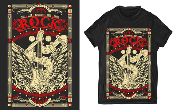Rock music. Electric guitar with wings. Print for t-shirts and another, trendy apparel design. Heavy metal, Let's Rock slogan. Musical old school art