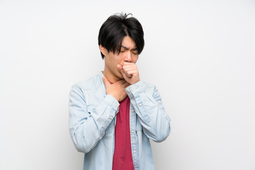 Asian man on isolated white background is suffering with cough and feeling bad