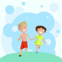 a boy in red shorts and a girl in a green dress are running alongside against the background of water bubbles