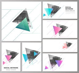 The minimalistic abstract vector illustration of the editable layouts of modern social network mockups in popular formats. Colorful polygonal background with triangles with modern memphis pattern.