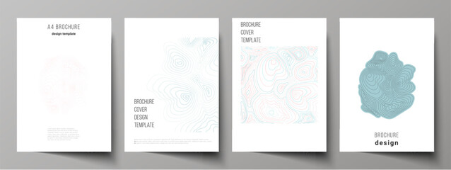 The vector layout of A4 format modern cover mockups design templates for brochure, magazine, flyer, booklet, annual report. Topographic contour map, abstract monochrome background. - obrazy, fototapety, plakaty