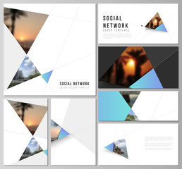 The minimalistic abstract vector layouts of modern social network mockups in popular formats. Creative modern background with blue triangles and triangular shapes. Simple design decoration.