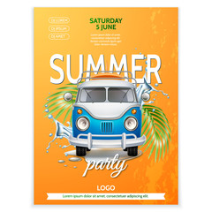 Summer party poster, realistic retro bus with surfboard on background of tropical leaves and water splash. Summertime banner with vintage van, beach party vector design. Blue 3d vehicle