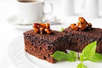 Chocolate cake with mint leaf