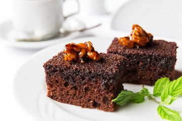 Chocolate cake with mint leaf