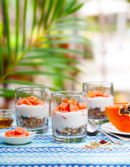 Dessert with papaya, yogurt and granola in glasses. Outdoor background. Copy space.