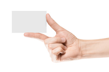 Obraz premium Hand holding a blank card or a ticket/flyer, isolated on white background